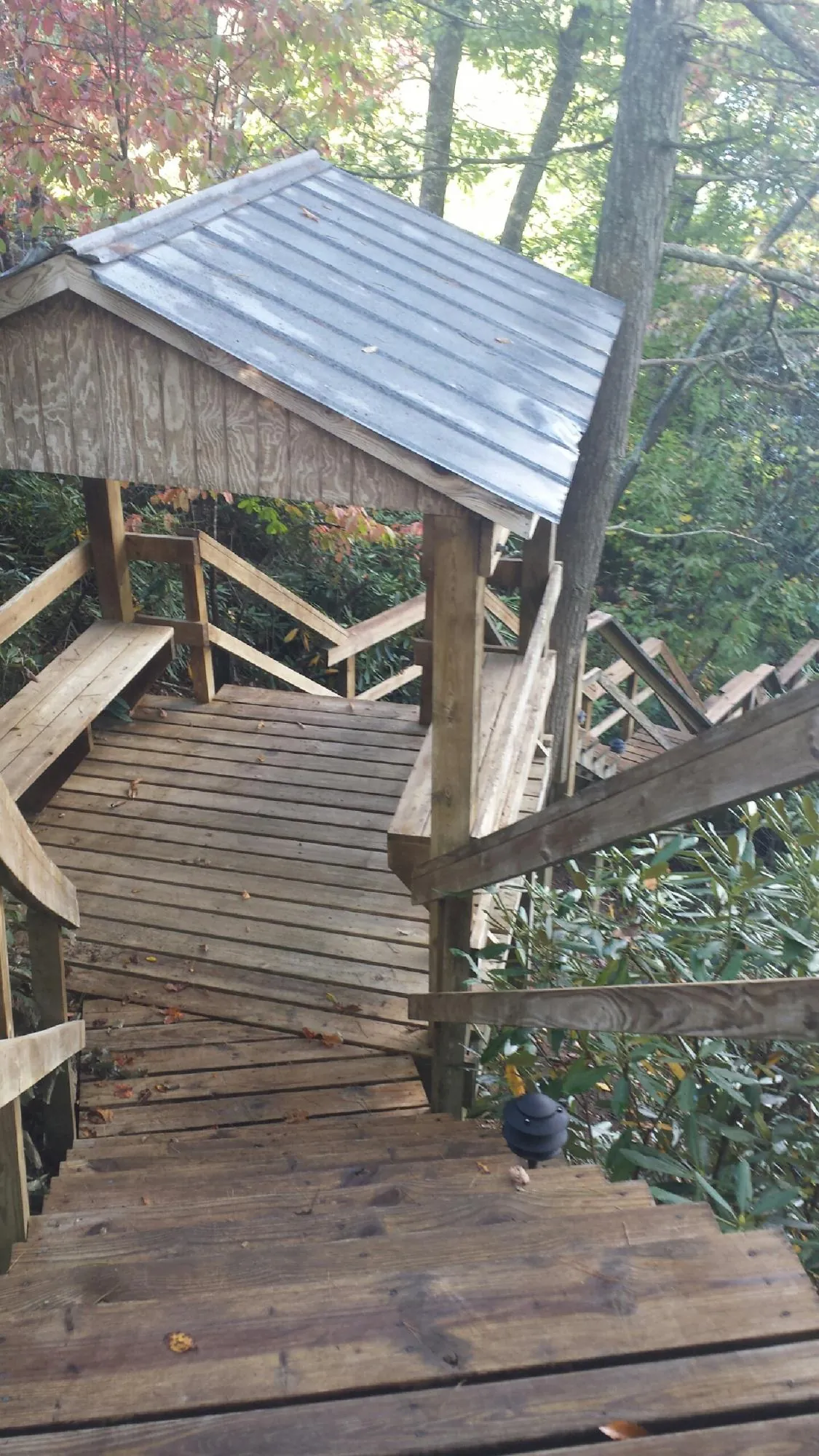 Metal roofed shelter over wooden steps on a wooded walkway — Skylight Repair & Installation work by our crew in Tie Siding